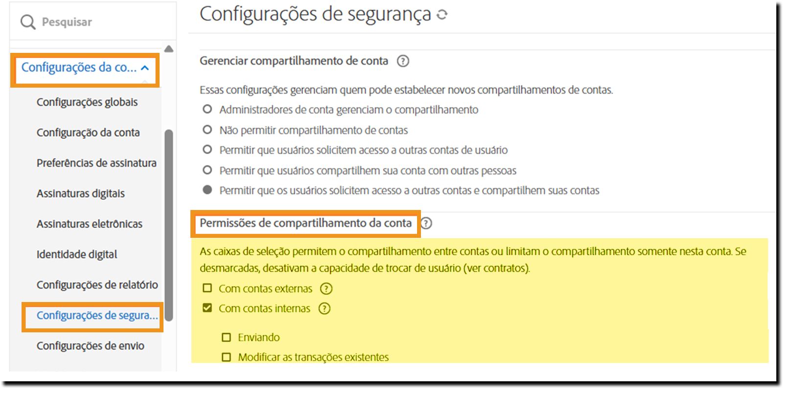 A página Configurações de segurança destacando os controles de Permissões de compartilhamento de conta