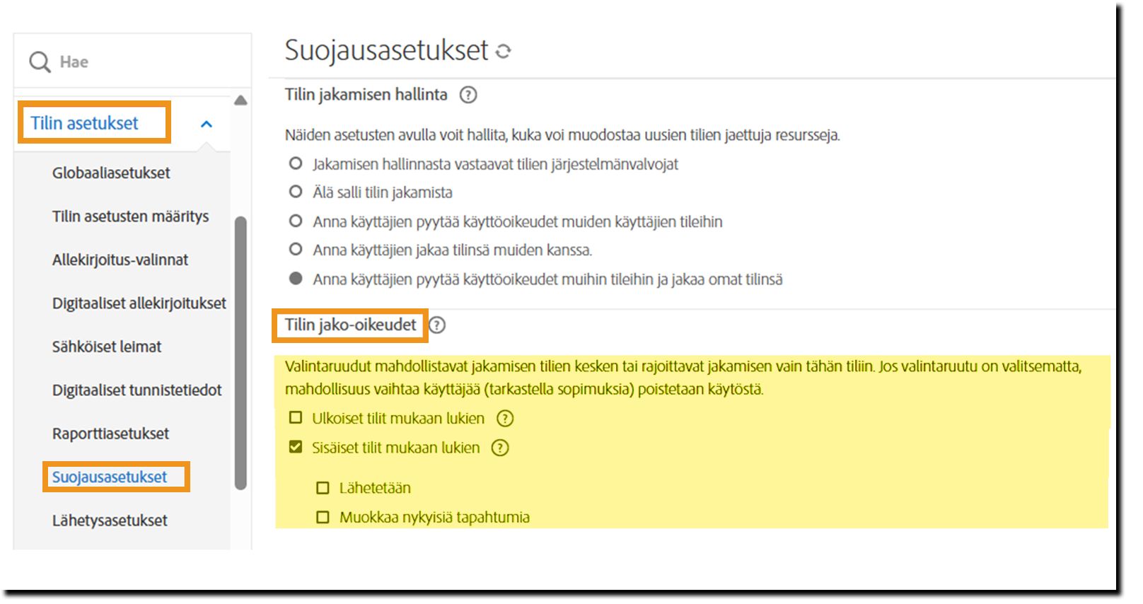 Suojausasetukset-sivu, jossa korostetaan Tilin jakamisen käyttöoikeudet -toimintoja