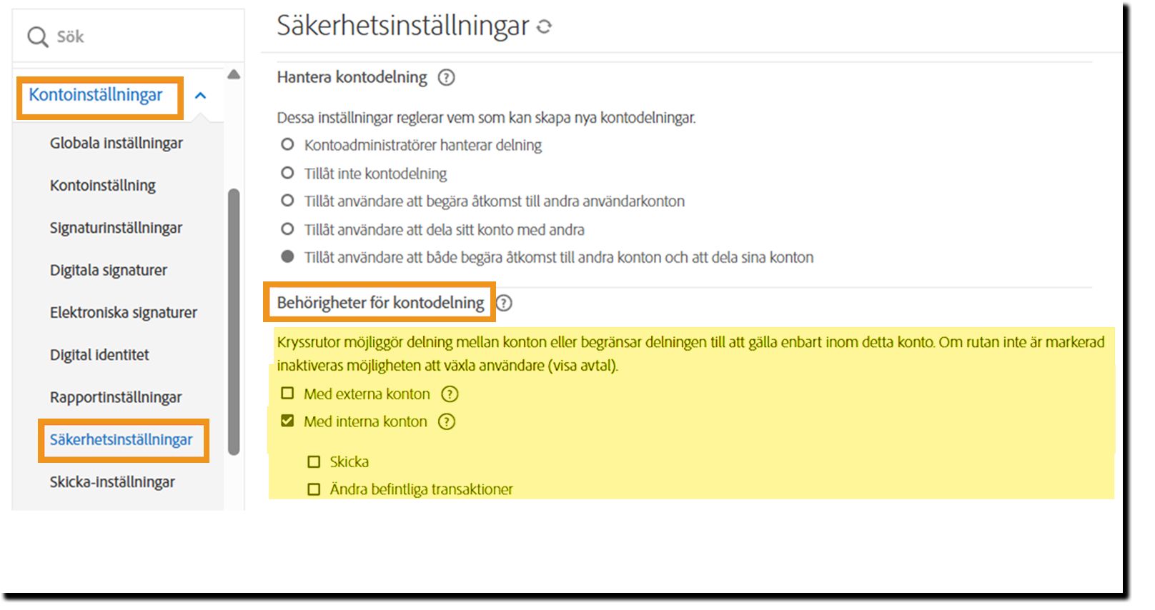 Sidan med säkerhetsinställningar visar behörighetskontrollerna för kontodelning
