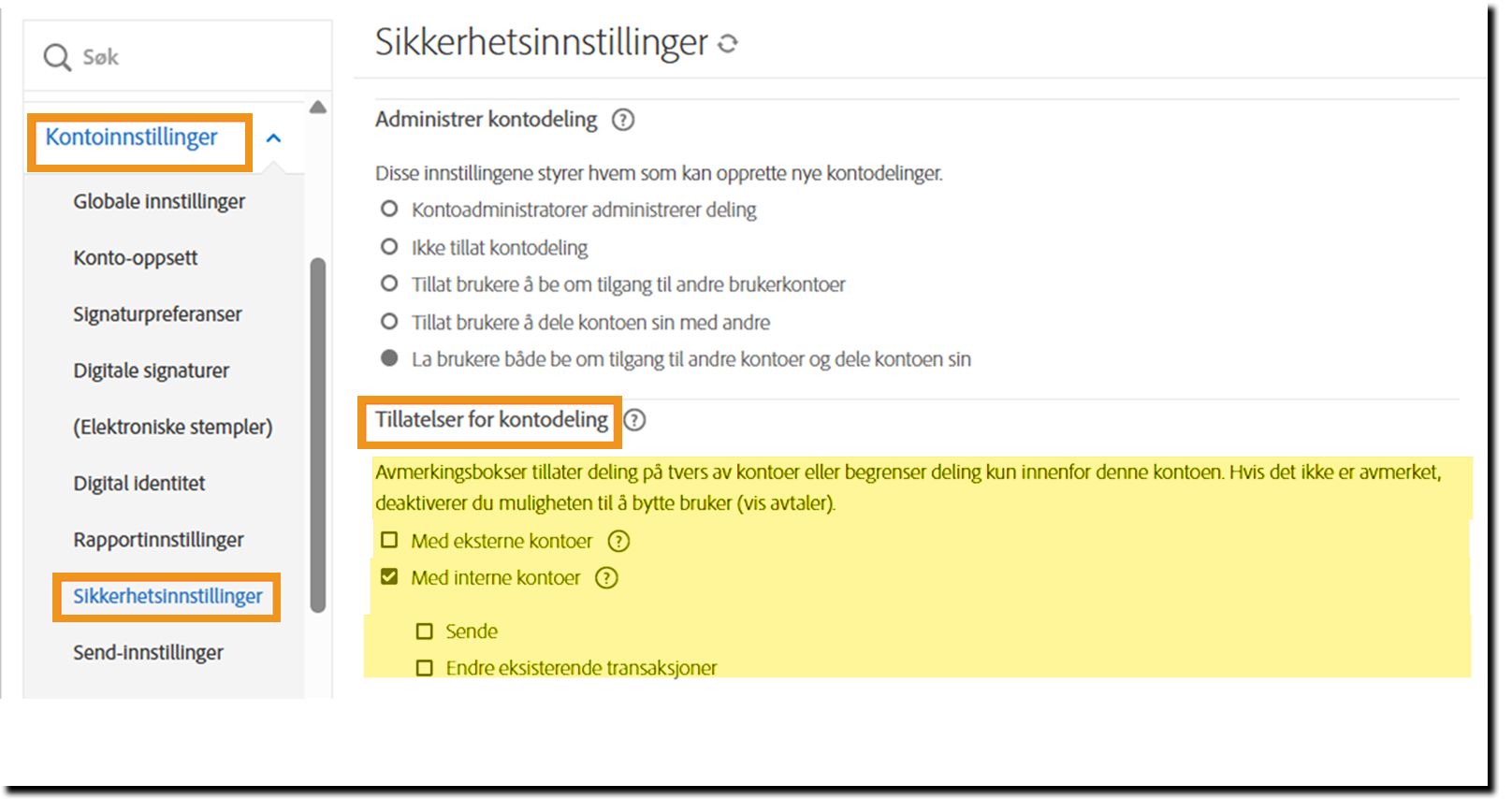 Sikkerhetssiden som fremhever kontrollene for kontodelingstillatelser