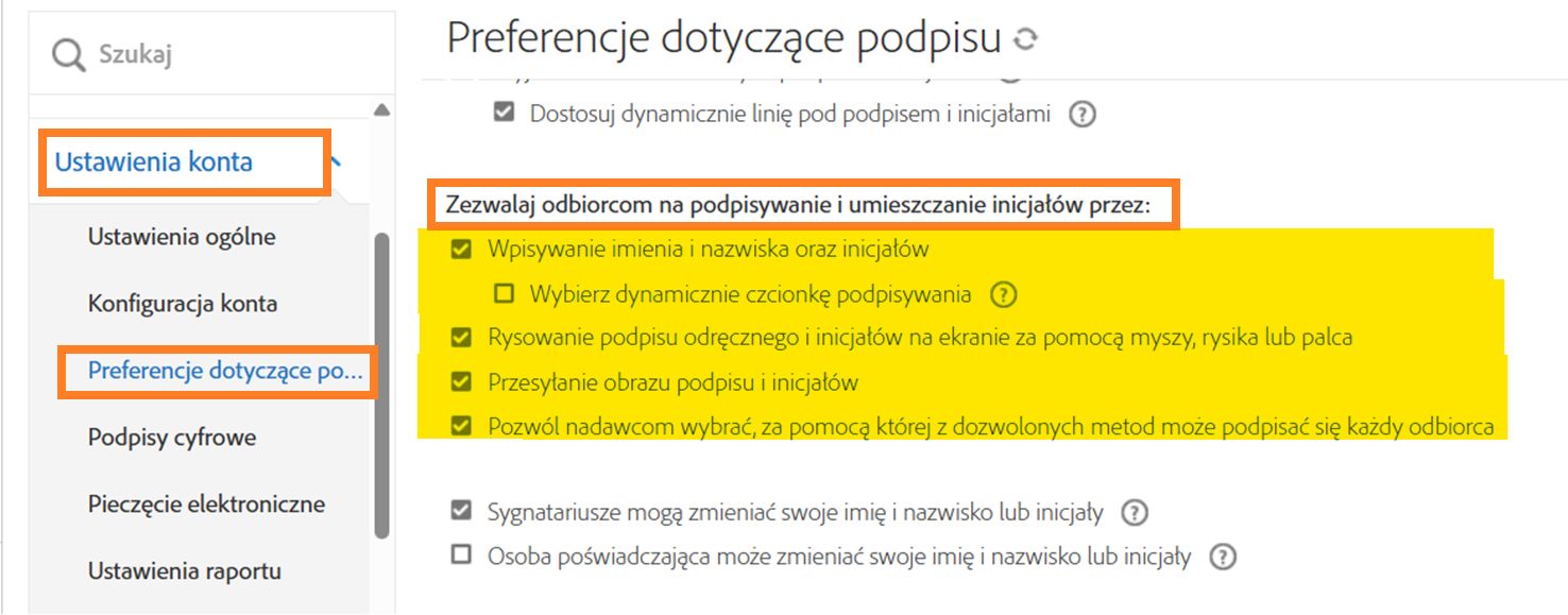 Menu Preferencje podpisu z podświetlonymi elementami sterującymi dotyczącymi Dopuszczalnych typów podpisu.