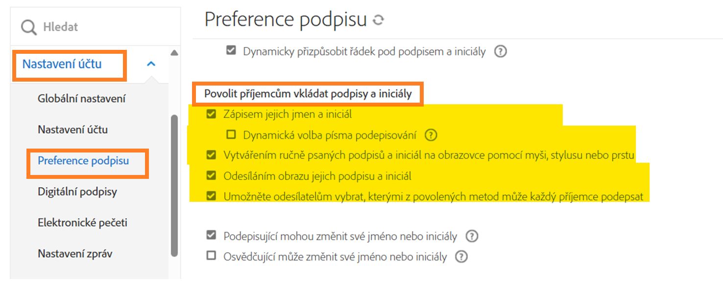 Nabídka Předvolby podpisu se zvýrazněnými ovládacími prvky povolených typů podpisů.