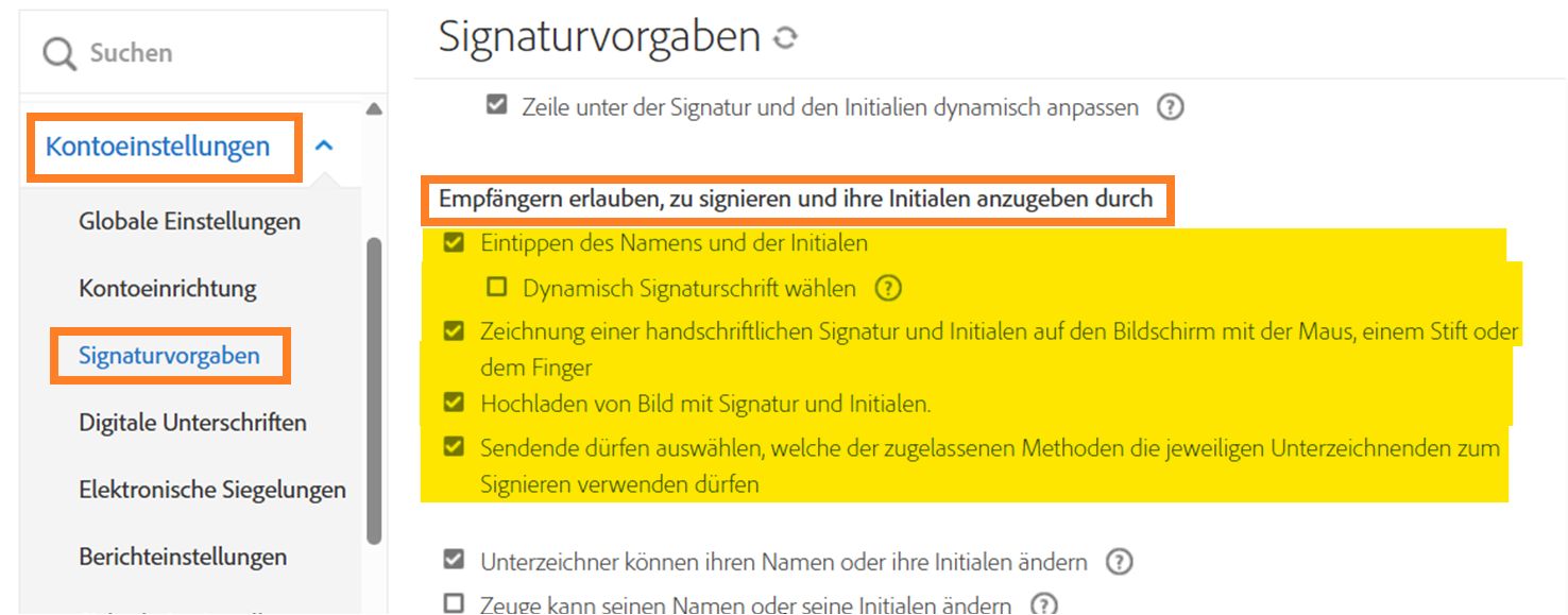Das Menü „Signaturvorgaben“ mit hervorgehobenen Steuerelementen für zulässige Signaturtypen.