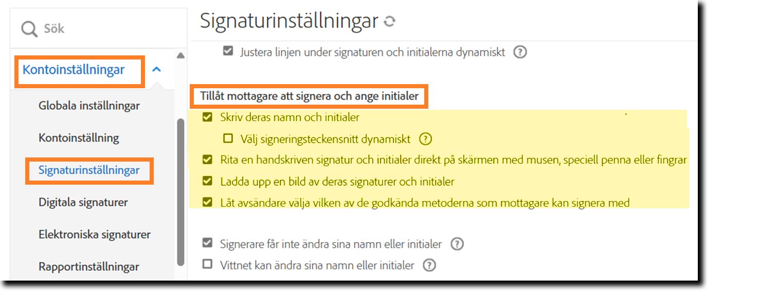 Menyn Signaturinställningar med kontrollerna Tillåtna signaturtyper markerade.