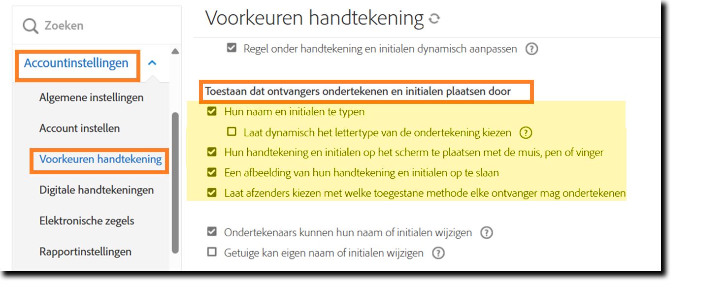 Het menu Voorkeuren handtekeningen met de besturingselementen voor toegestane handtekeningtypen gemarkeerd.