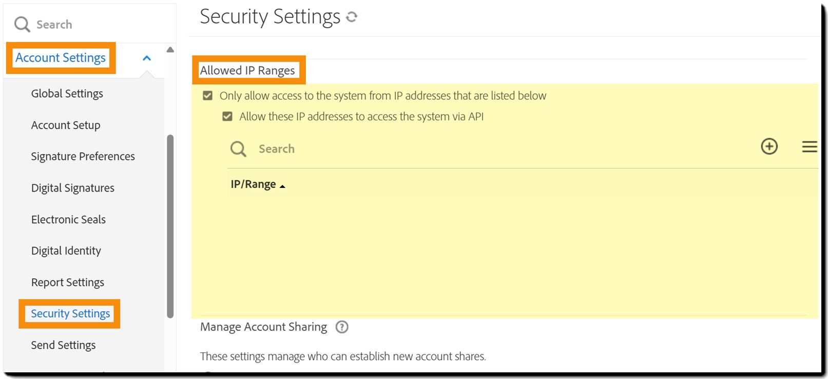 Página Configuración de seguridad que resalta el conjunto de controles “Rangos de IP permitidos”.