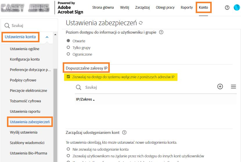 Strona Ustawienia zabezpieczeń z wyróżnionymi elementami sterującymi Zezwalaj na zakresy IP.