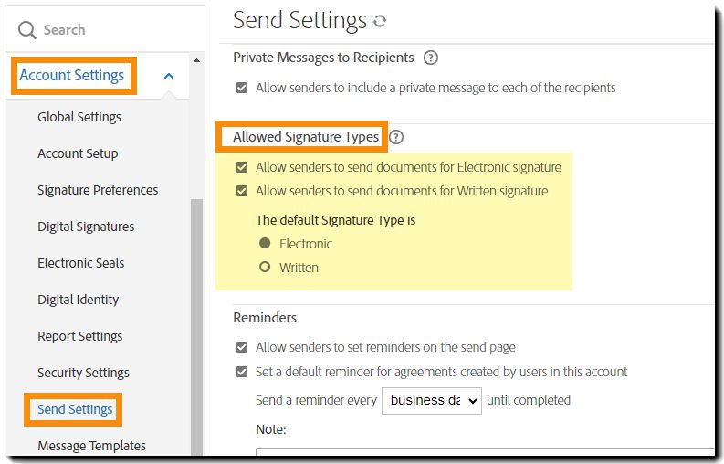 Permitir que os remetentes selecionem um tipo de assinatura manual