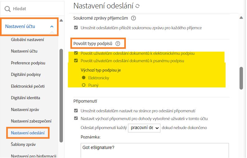 Povolení výběru vlastnoručního podpisu pro odesílatele