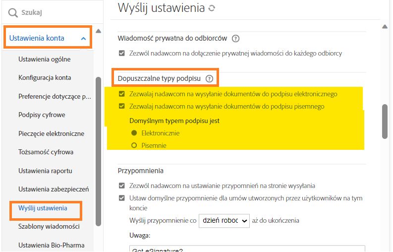 Zezwalaj nadawcom na wybór typu podpisu pisemnego