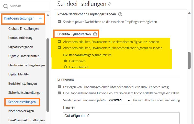 Absendern die Auswahl des handschriftlichen Signaturtyps ermöglichen