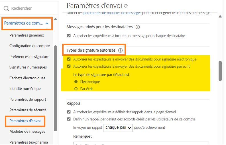 Autorisation des expéditeurs à sélectionner un type de signature par écrit