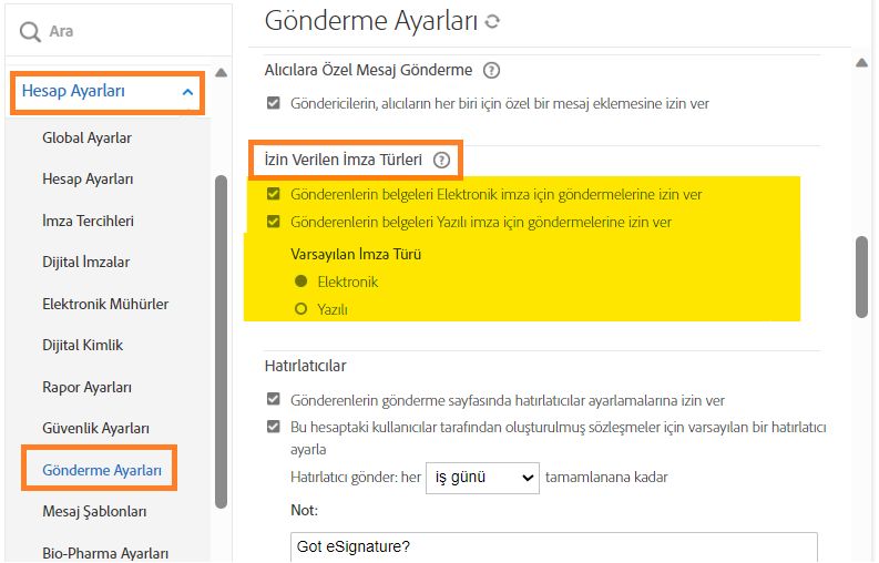 Gönderenlerin yazılı bir imza türü seçmesine izin verme
