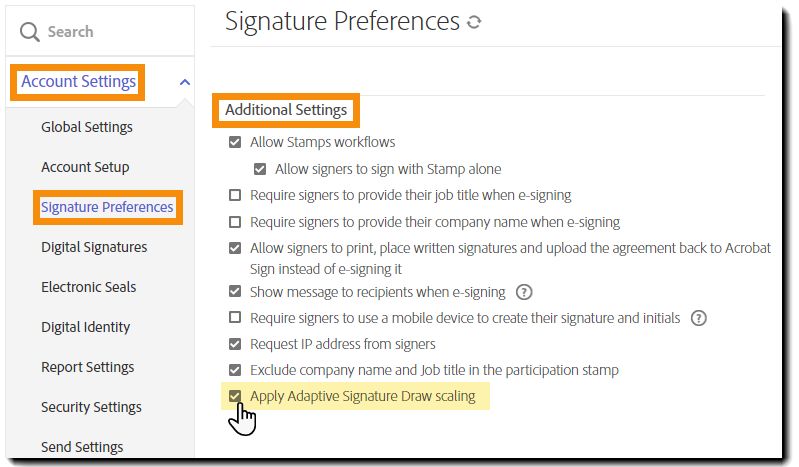 「署名の環境設定」の管理メニューで「Adaptive Signature Draw の拡大・縮小を適用」がハイライト表示されている