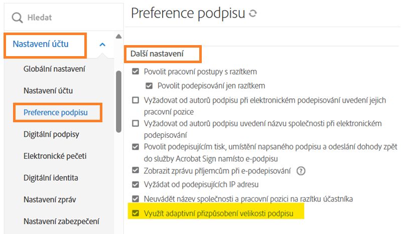 Nabídka správce Předvolby podpisu se zvýrazněným zaškrtávacím políčkem „Využít adaptivní přizpůsobení velikosti podpisu“