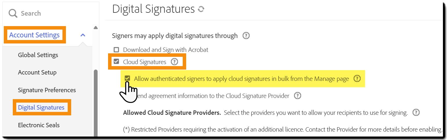 대량 서명 컨트롤이 강조 표시된 디지털 서명 관리자 메뉴.