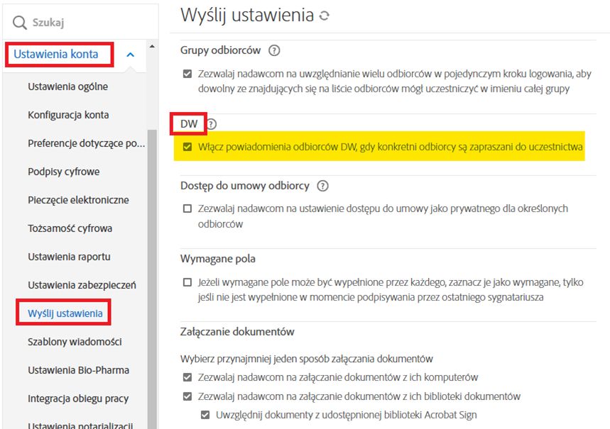 Menu administratora „Ustawienia wysyłania” z wyróżnionymi elementami sterującymi „DW”.