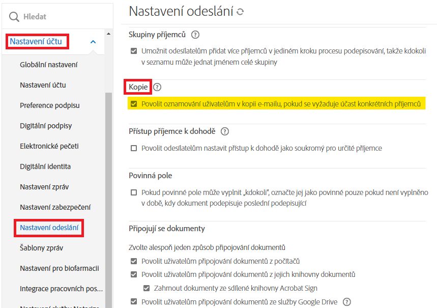 Nabídka správce „Nastavení odesílání“ se zvýrazněnými ovládacími prvky pro příjemce kopie.