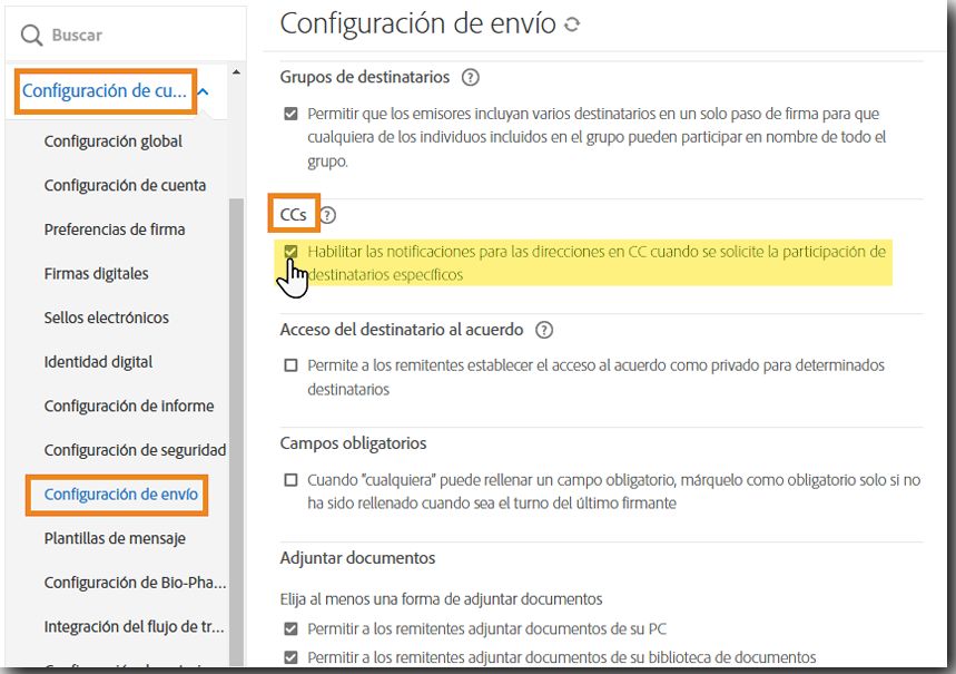 Menú de admnistración &quot;Configuración del envío&quot; resaltando los controles &quot;CC&quot;.