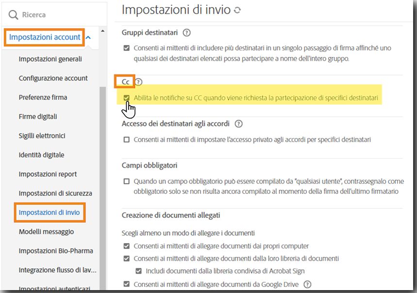 Impostazioni di invio nel menu di amministrazione con i controlli Cc evidenziati.