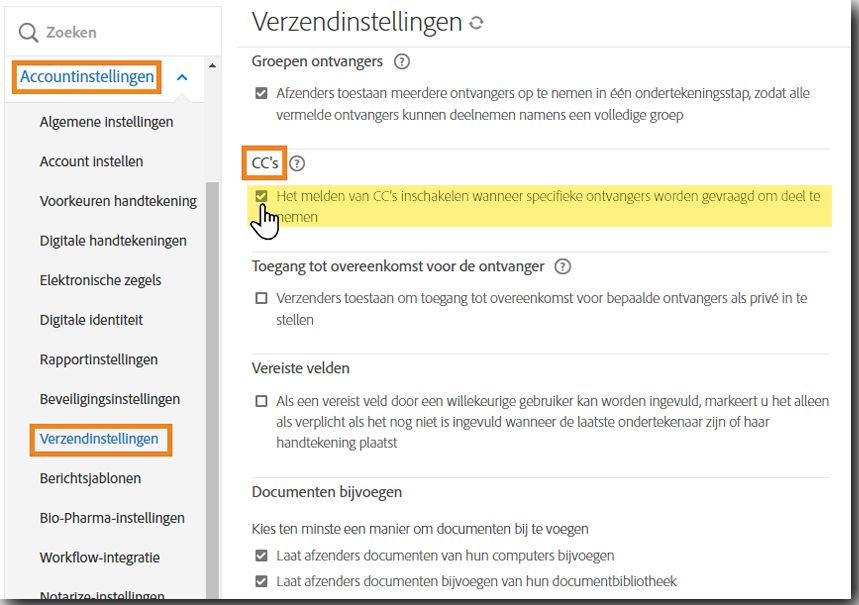 Het beheerdersmenu Verzendinstellingen met de CC's-besturingselementen gemarkeerd.