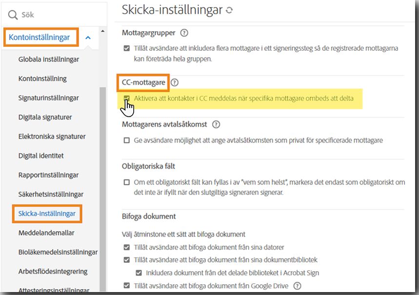 Administratörsmenyn ”Sändningsinställningar” visar kontrollerna för ”Kopior”.