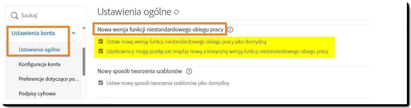 Elementy sterujące „Nowa wersja funkcji niestandardowego obiegu pracy” na stronie Ustawienia ogólne