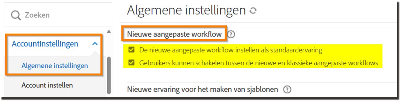 De besturingselementen voor de Nieuwe aangepaste workflowervaring op de pagina Algemene instellingen