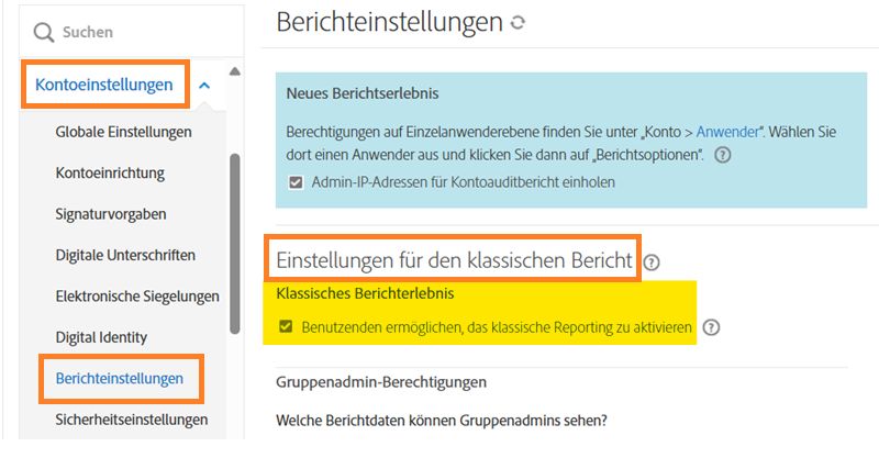 Die Seite „Berichteinstellungen“ im Admin-Menü mit hervorgehobenen Steuerelementen für die klassische Berichteinstellung.
