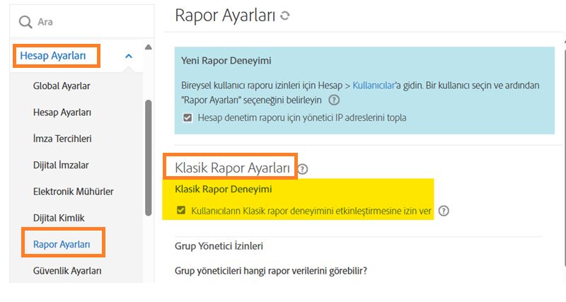 Yönetici menüsünde, Klasik Rapor Ayarları kontrollerinin vurgulandığı Rapor Ayarları sayfası.