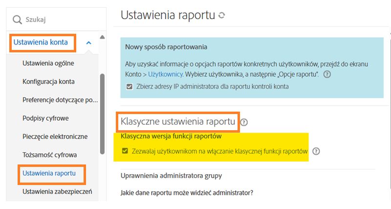 Strona Ustawienia raportów w menu administratora podkreśla elementy sterujące Klasycznych ustawień raportów.