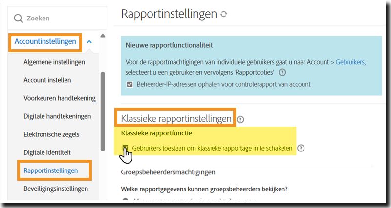 De pagina Rapportinstellingen in het beheermenu waarin de besturingselementen voor klassieke-rapportinstellingen zijn gemarkeerd.