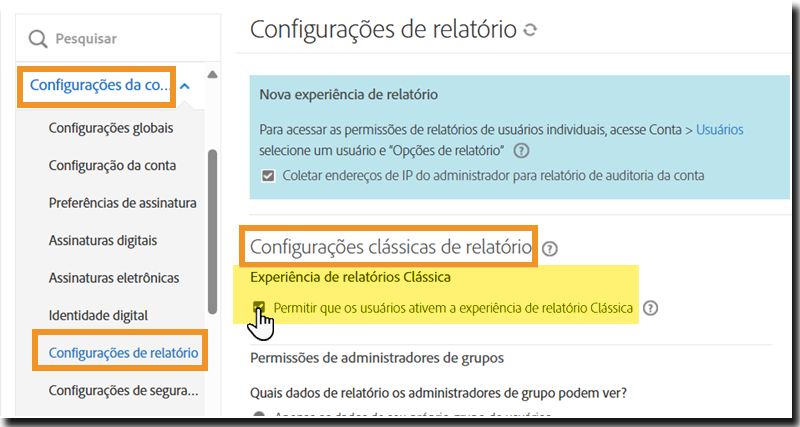 A página Configurações de relatório no menu de admin realçando os controles de configuração clássicos de relatório.