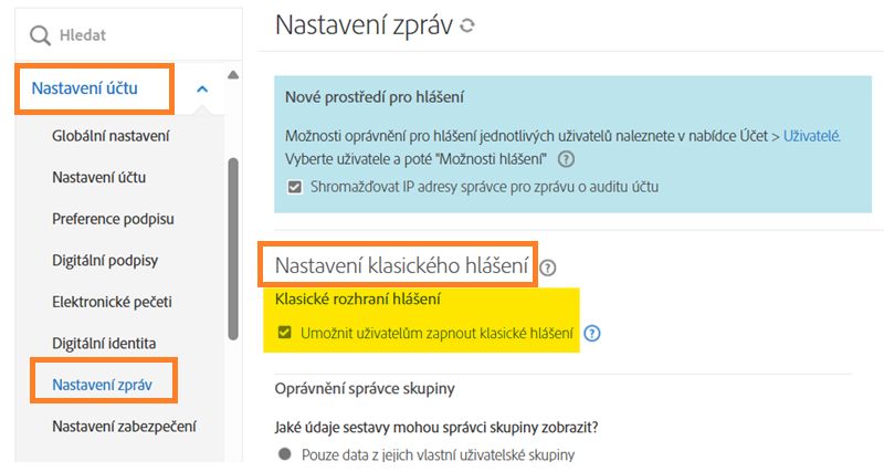 Stránka Nastavení sestav v nabídce správce se zvýrazněním ovládacích prvků pro nastavení klasických sestav.