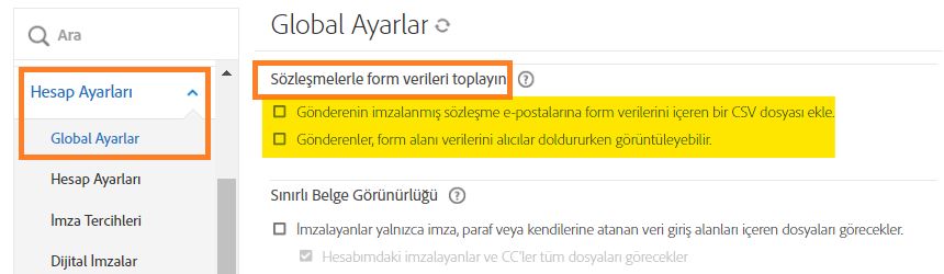 &quot;Sözleşmeler İçin Form Verilerini Toplama&quot; ayarlarının vurgulandığı &quot;Global Ayarlar&quot; yönetici menüsü.