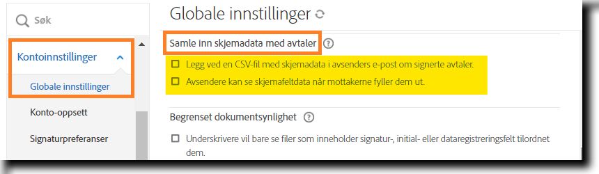 Administratormenyen med Globale innstillinger uthever innstillingene «Innhente skjemadata for avtaler».