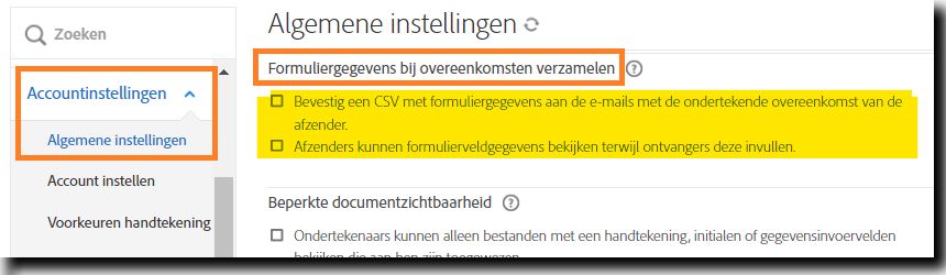 Het beheerdersmenu Algemene instellingen met de instellingen voor de optie Formuliergegevens verzamelen voor overeenkomsten gemarkeerd.