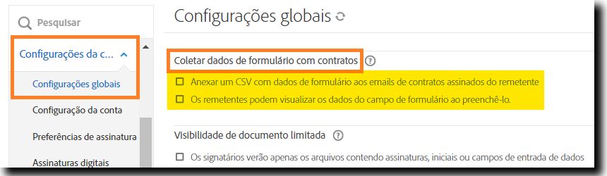 Menu do administrador “Configurações globais”, realçando as configurações de “Coletar dados de formulário para contratos”.