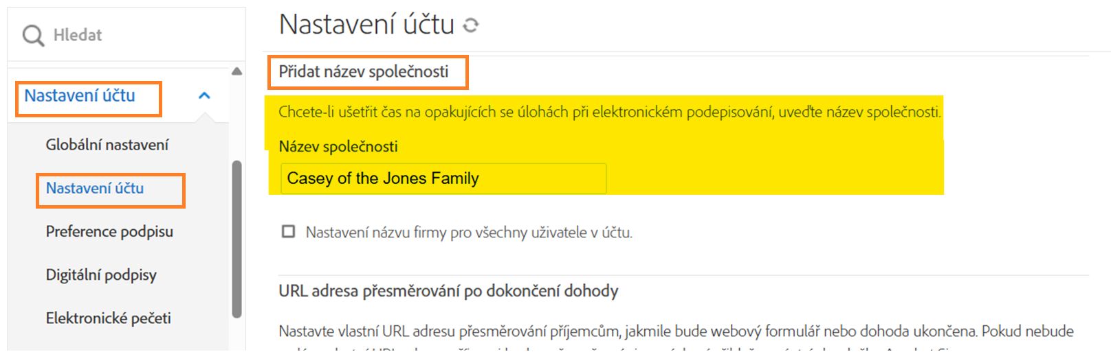 Stránka nastavení účtu se zvýrazněným názvem společnosti