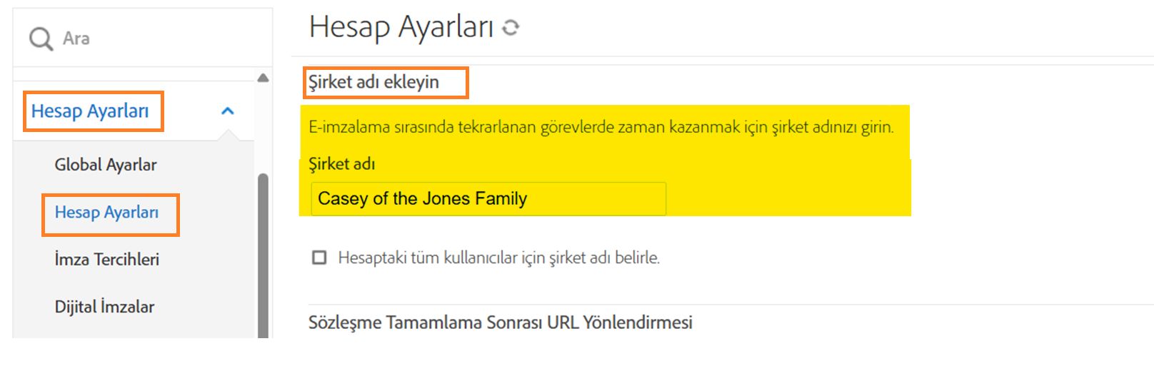 Şirket Adının vurgulandığı Hesap Kurulum sayfası