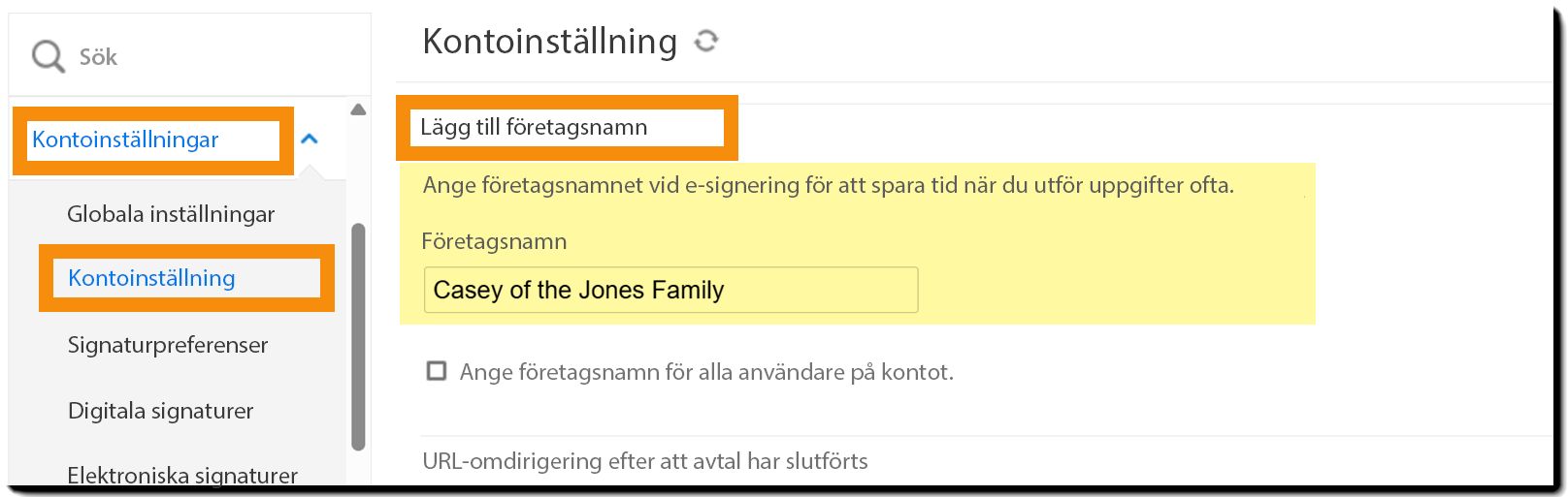 Kontoinställningssidan med företagsnamnet markerat