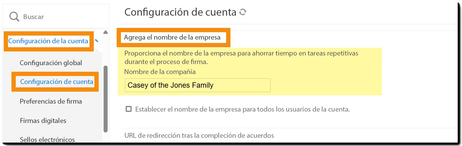 La página de Configuración de la cuenta con el nombre de la compañía resaltado