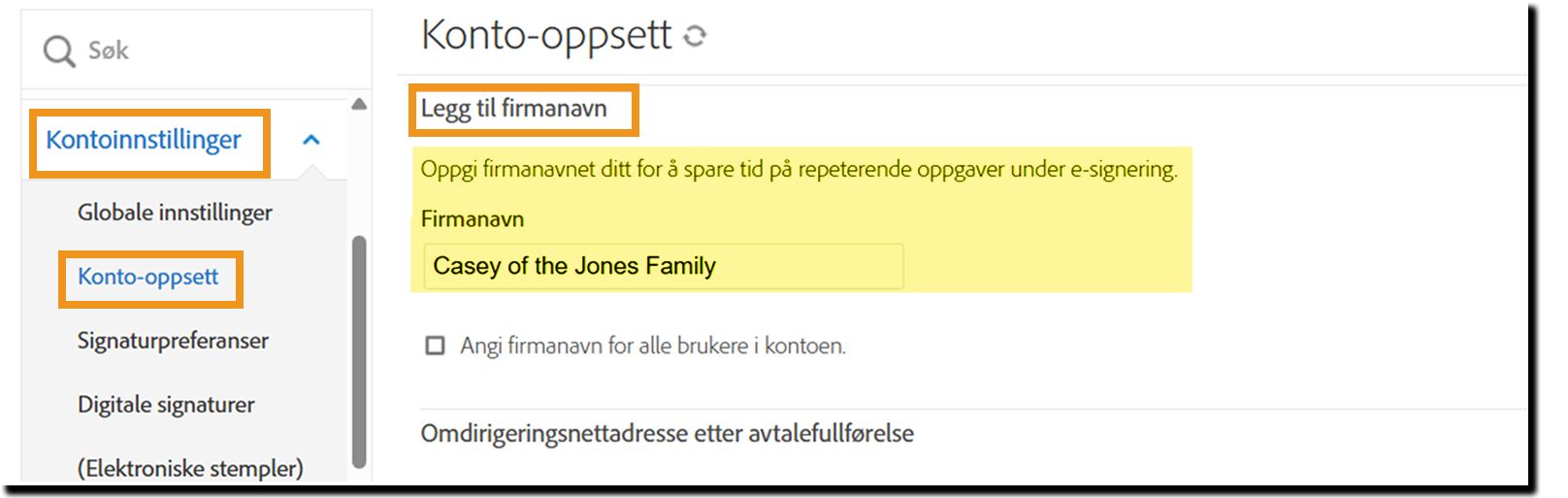Kontokonfigurasjonssiden med firmanavnet uthevet