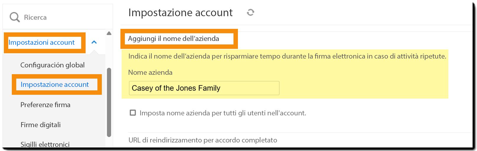 La pagina di configurazione dell'account con il nome dell'azienda evidenziato