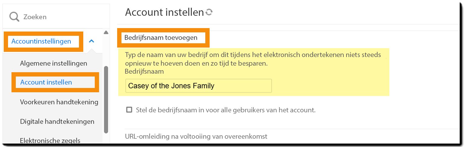 De pagina Accountinstellingen met de Bedrijfsnaam gemarkeerd