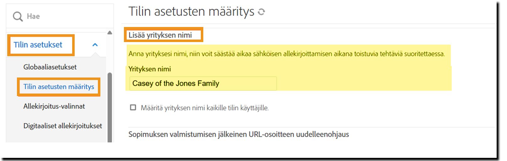 Tilin määrityssivu, jossa yrityksen nimi on korostettuna