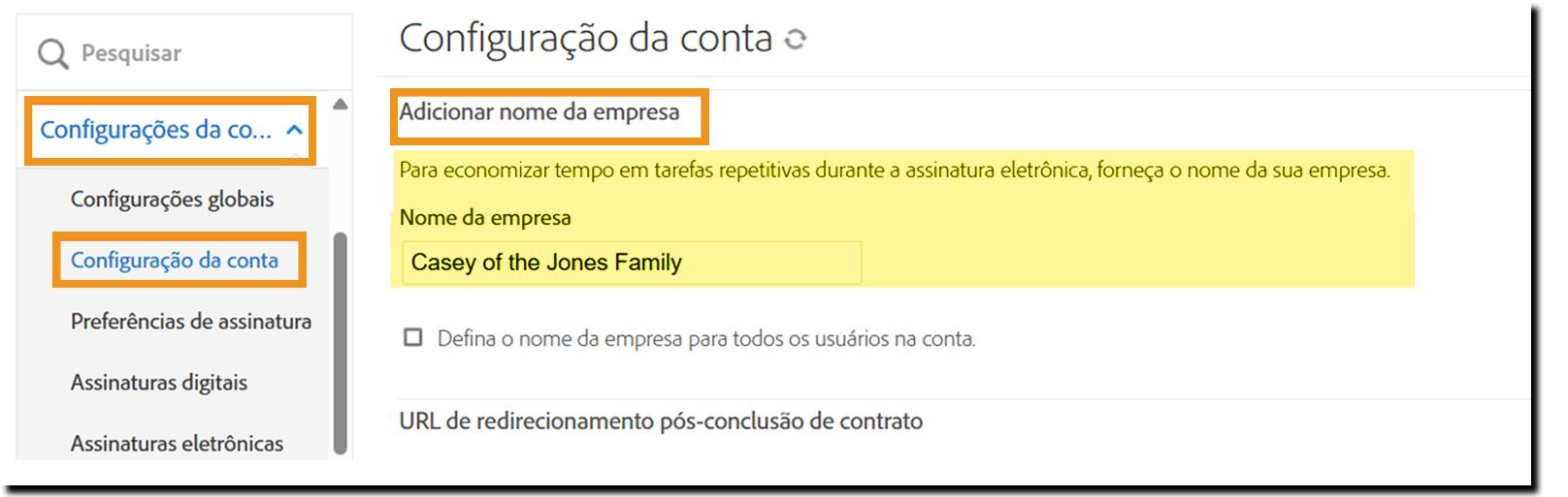 A página de “Configuração da conta” com o nome da empresa realçado