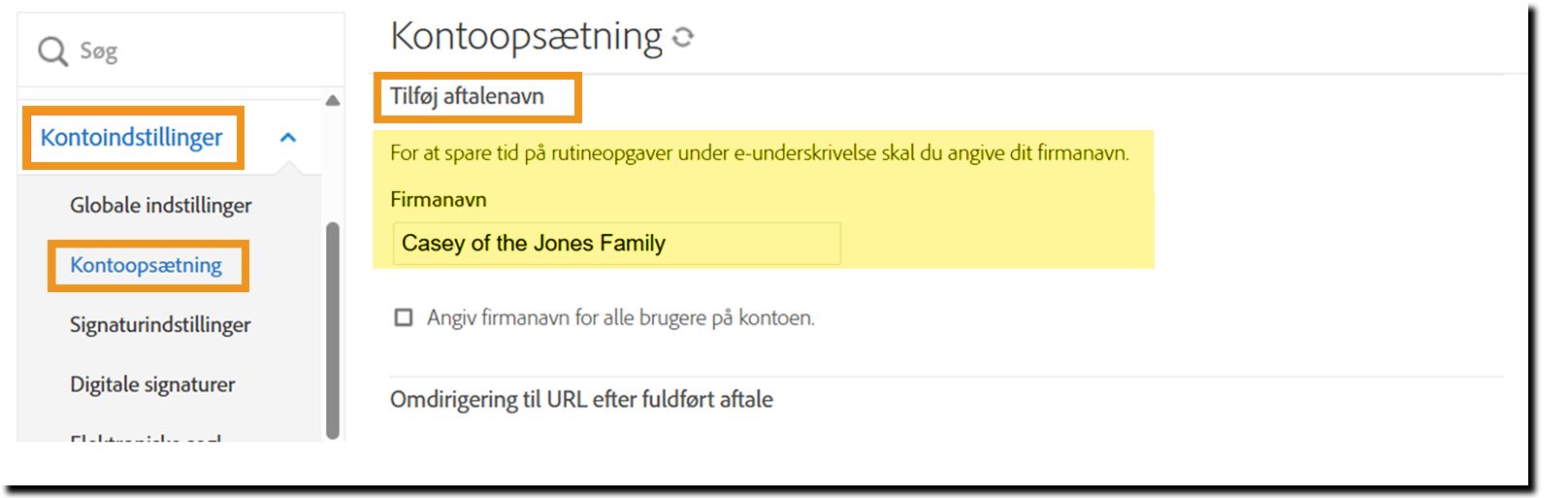 Kontoopsætningssiden med firmanavnet fremhævet
