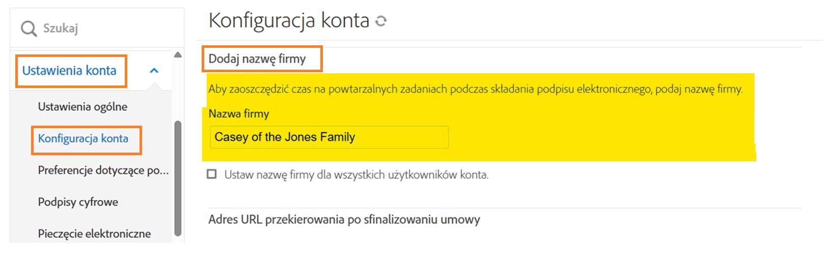 Strona konfiguracji konta z wyróżnioną nazwą firmy