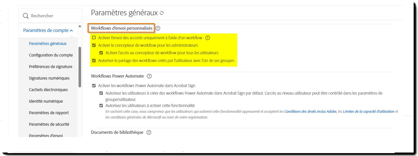 Page Paramètres d’envoi avec l’option Commandes de processus personnalisé en surbrillance